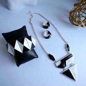 Silver Black Geometric Necklace Earrimgs Bracelet Set